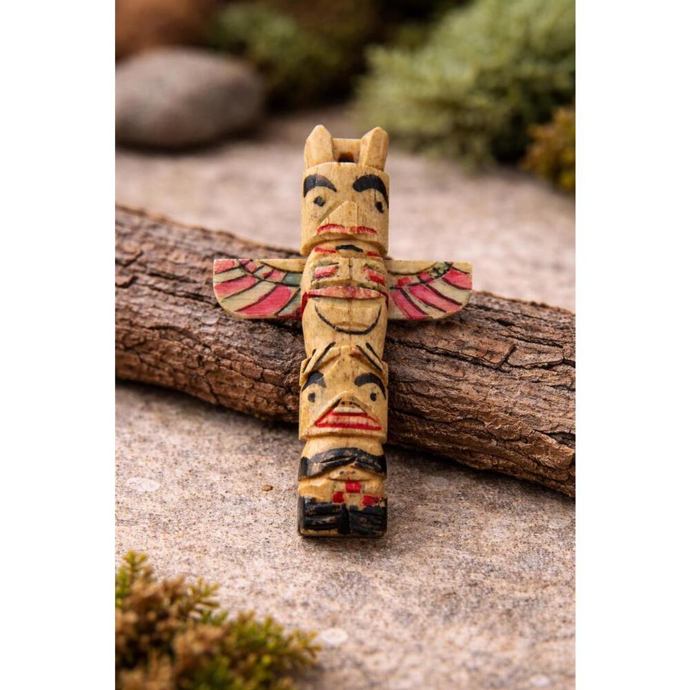 Vintage Alaskan / Pacific Northwest Hand-Carved Bone Totem Pole Pendant
